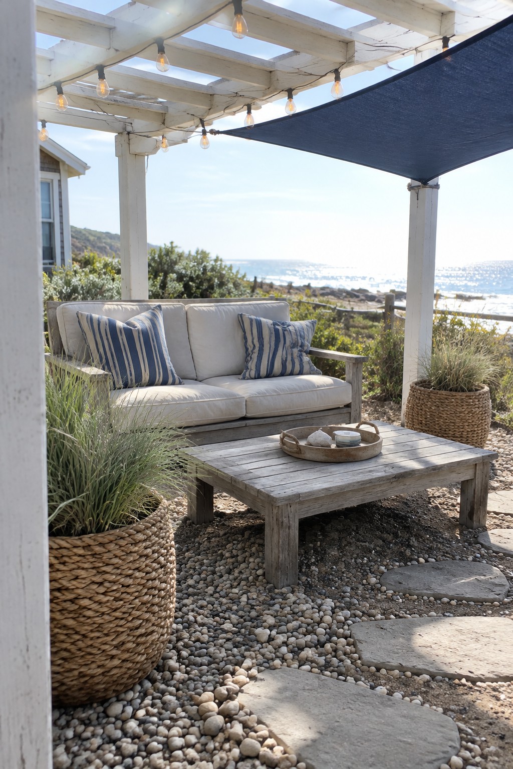 White pergola with string lights over sofa and table by ocean