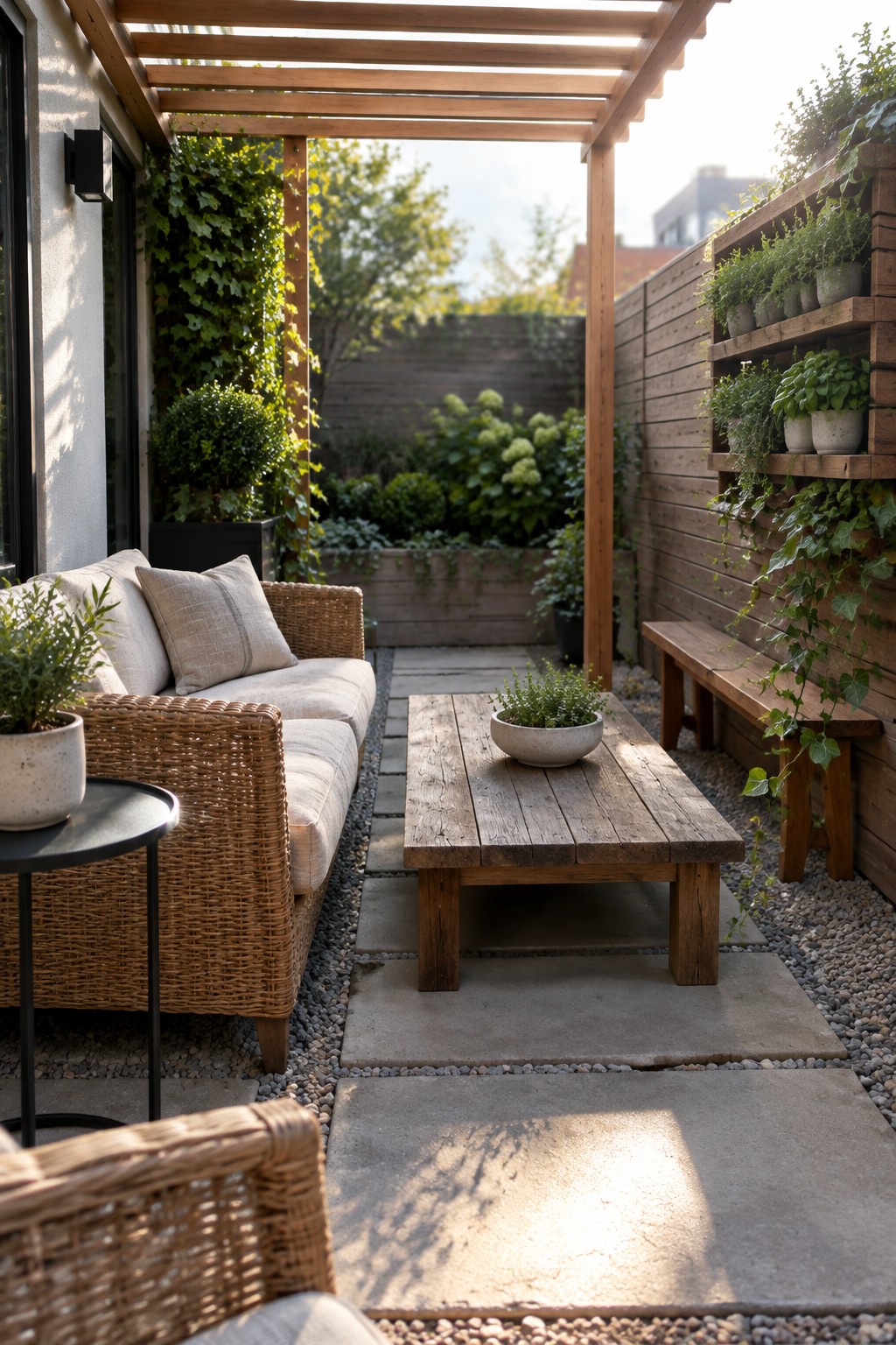 A small patio under a wooden pergola features a wicker sofa, wooden coffee table, bench, and potted plants arranged on stone pavers and gravel.