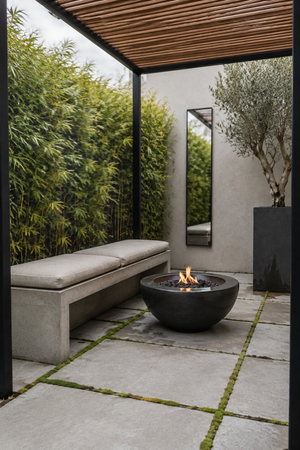 A compact outdoor patio with a wooden slatted pergola overhead, a concrete bench with cushions, a round dark fire pit with flames, and stone pavers edged with moss, bordered by tall bamboo and an olive tree in a planter.