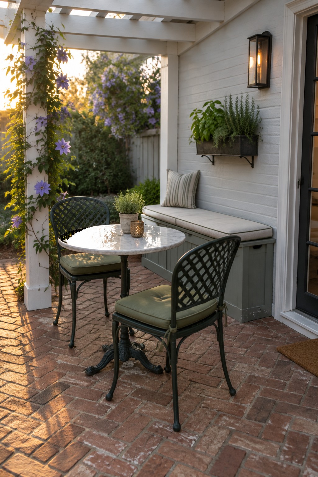 A small outdoor patio under a white wooden pergola with a round table, two chairs, and a built-in bench against a white house wall on brick paving.