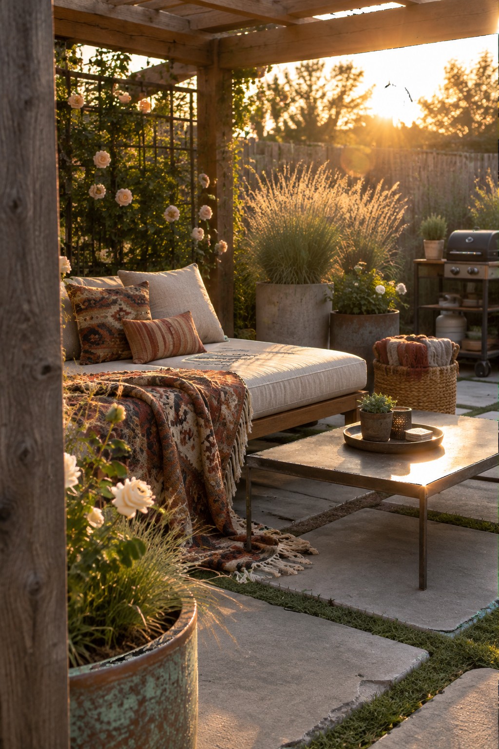 Cozy wooden daybed with patterned blanket and pillows on a sunlit patio at sunset