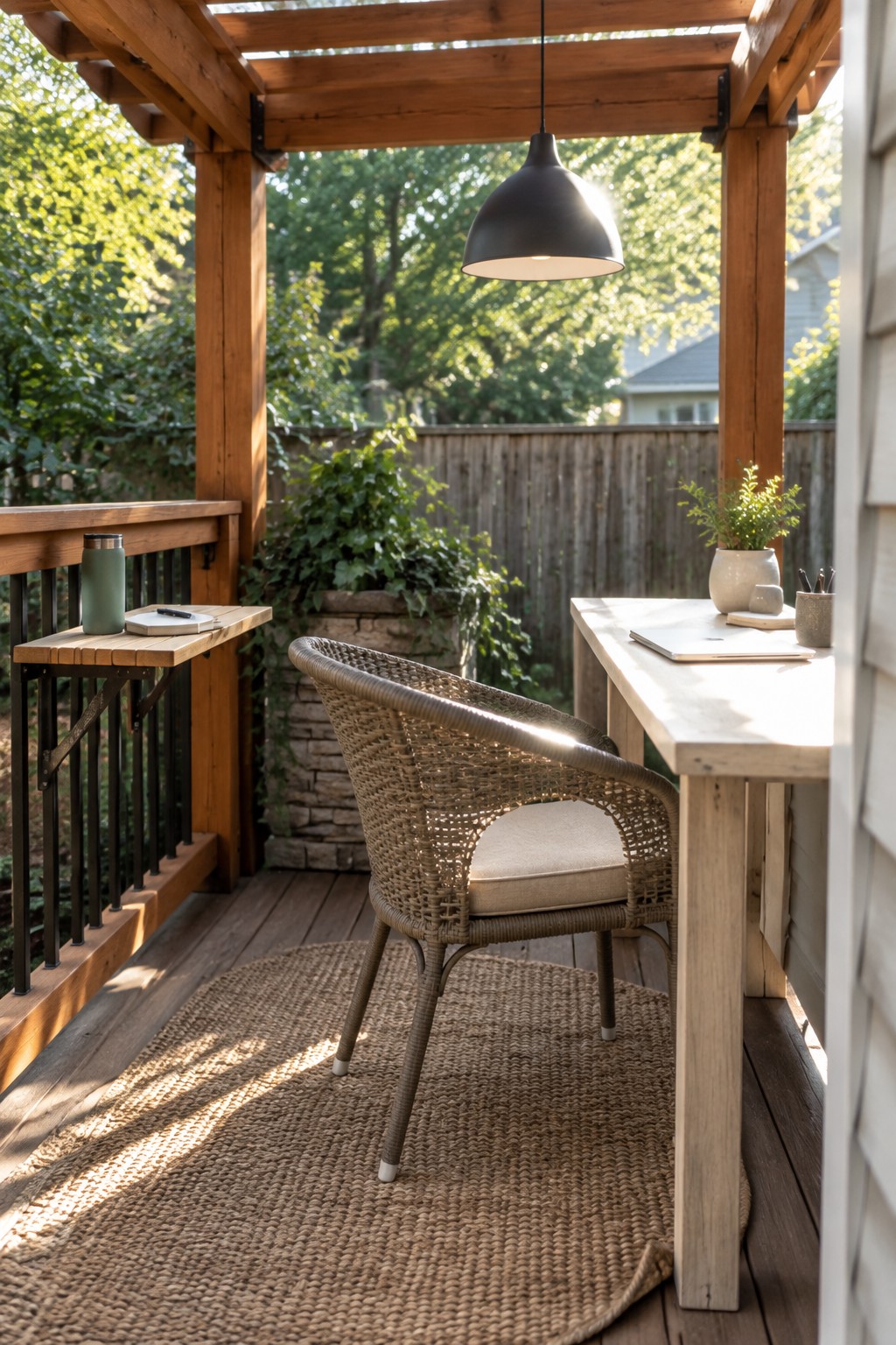 A small wooden pergola on a deck with a light wood desk, woven chair on a round rug, hanging black pendant light, and potted plant.