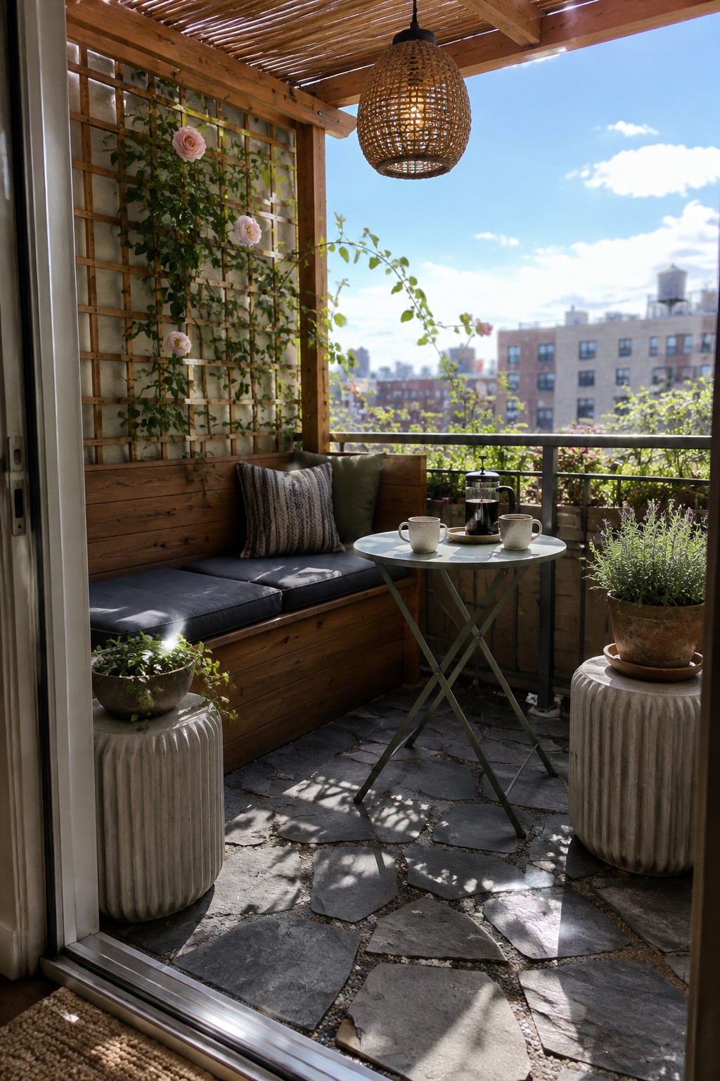 Cozy balcony with wooden bench, coffee table, potted plants, and hanging lamp