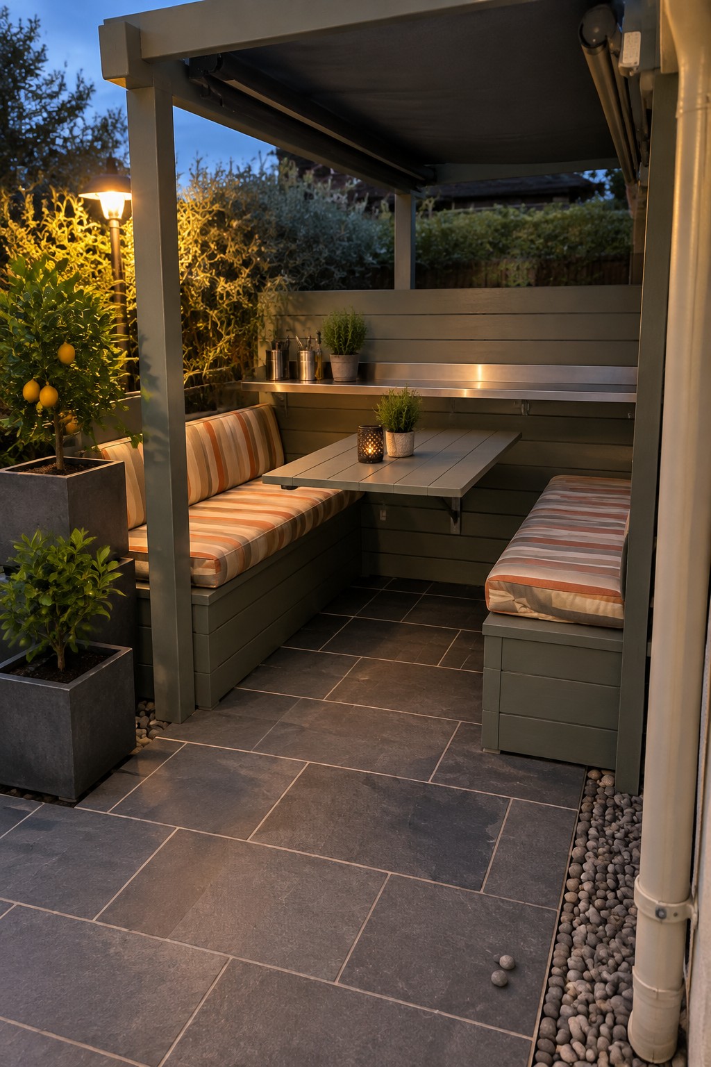 A compact outdoor patio under a wooden pergola with built-in benches, striped cushions, a fold-down table, and potted plants on dark tiles.