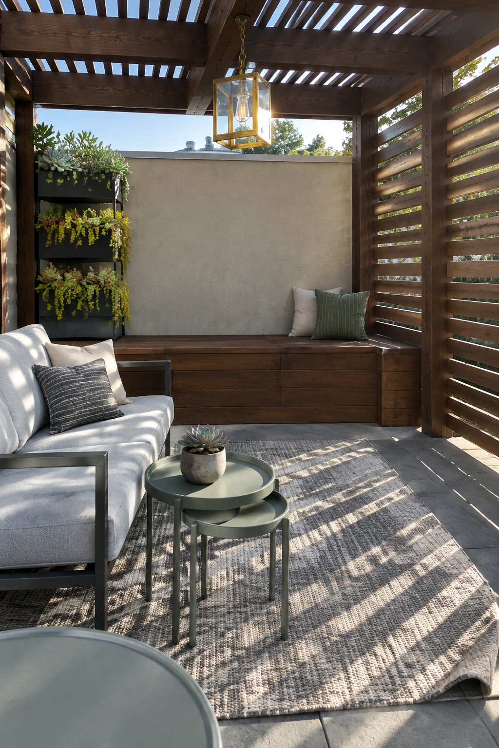 A compact patio under a dark wooden pergola with a long built-in bench, light gray outdoor sofa, nesting tables on a woven rug, and vertical planters mounted on the left wall.