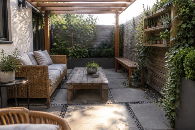 23 Practical Small Wooden Pergola Ideas for Compact Patios A small patio under a wooden pergola features a wicker sofa, wooden coffee table, bench, and potted plants arranged on stone pavers and gravel.