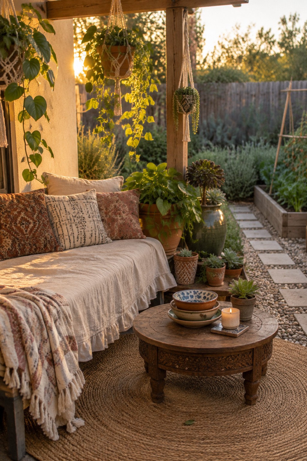 Cozy bohemian patio with daybed, pillows, macrame plants, wooden table, and lit candle at sunset