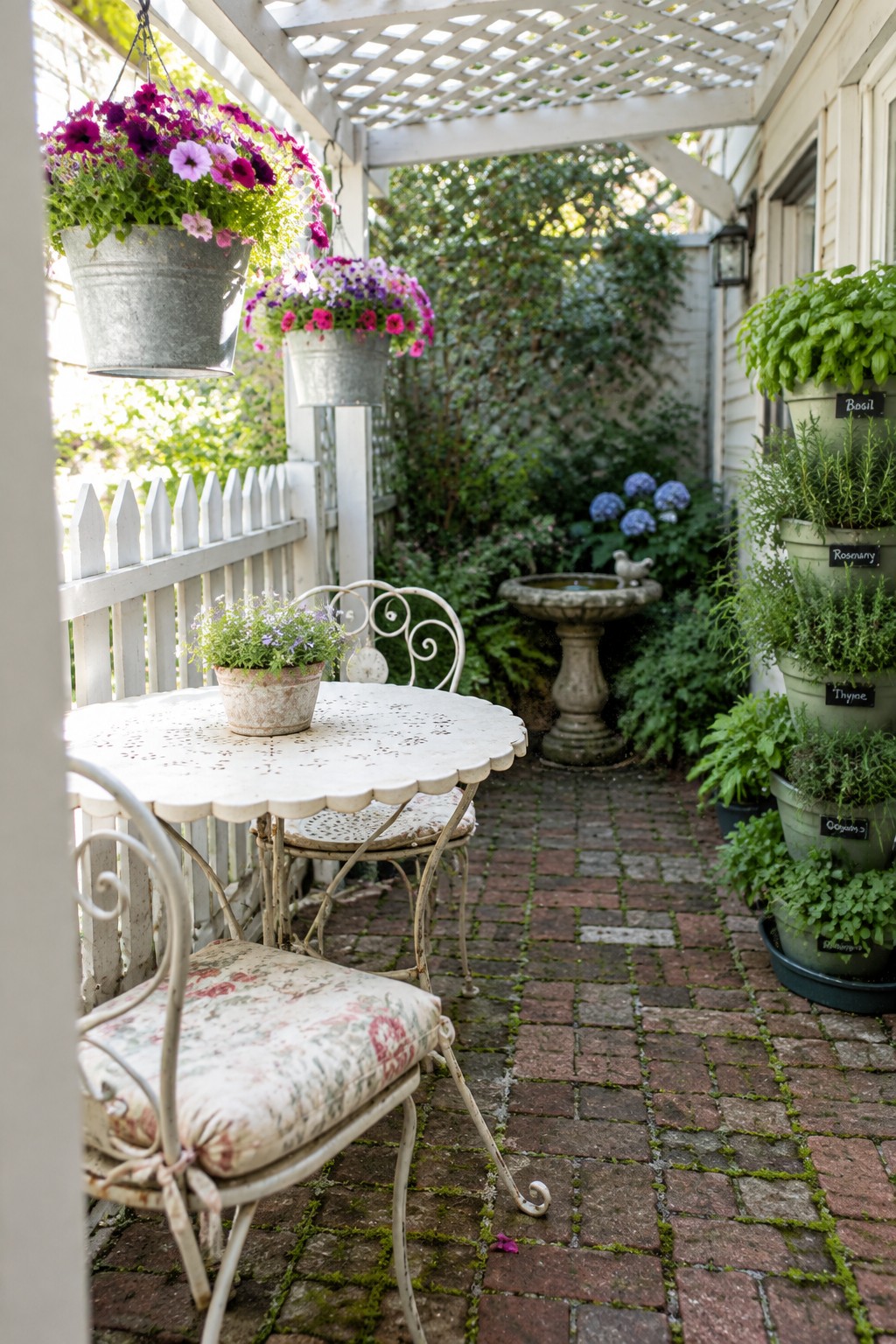 A white wooden pergola covers a brick patio with a small round table and chairs, hanging metal buckets of flowers, and stacked herb pots along one side.