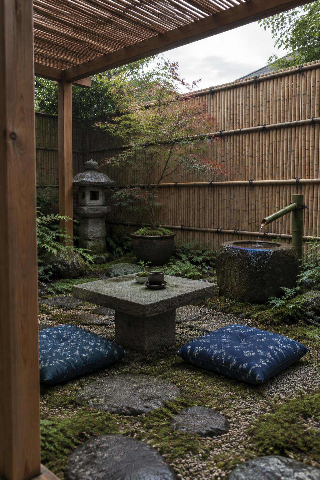 A wooden pergola shades a stone table with two blue patterned floor cushions on mossy ground beside a bamboo fence and stone water basin.