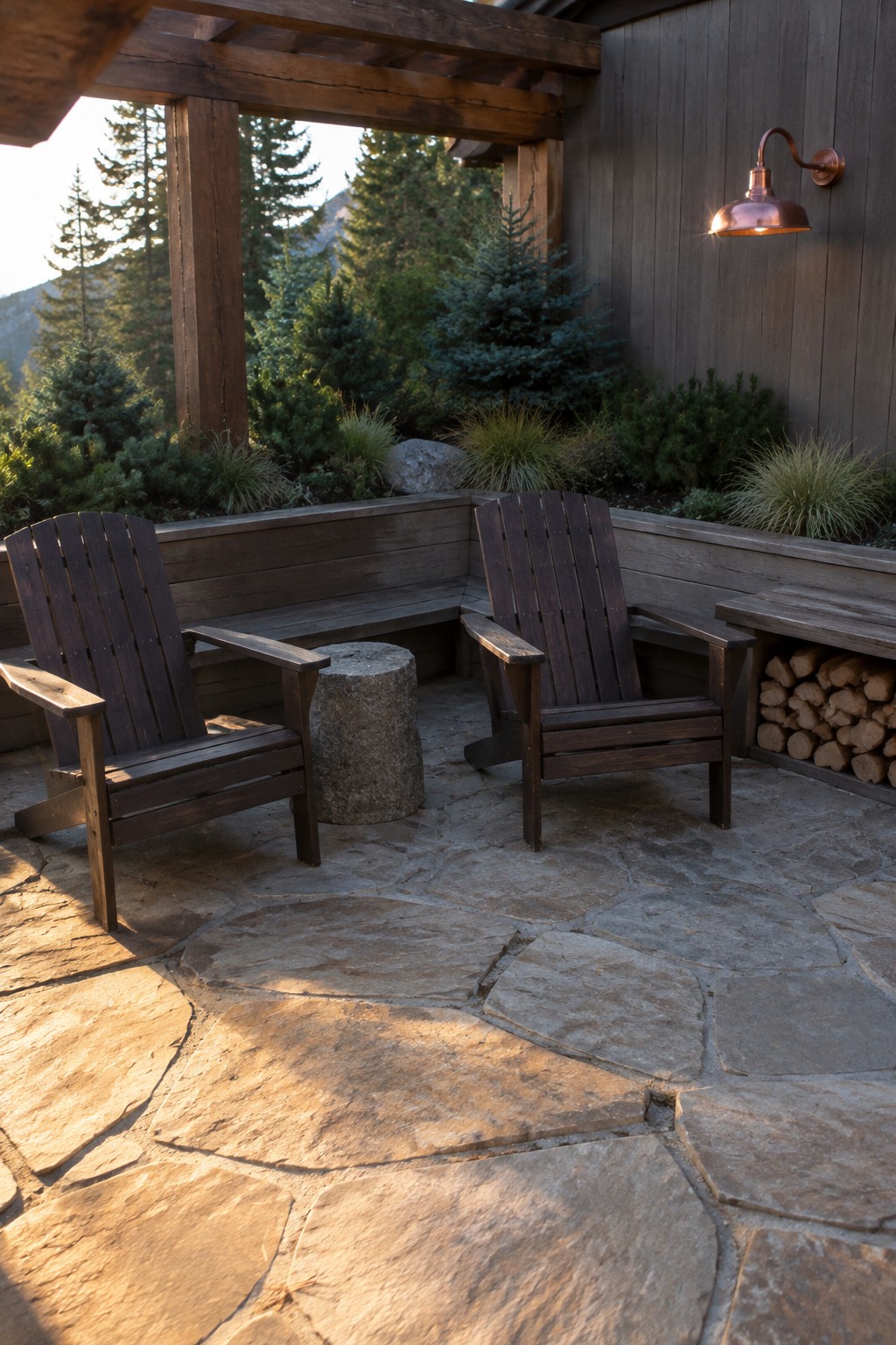 Two dark wooden Adirondack chairs sit on a stone patio under a wooden pergola attached to a house, with a bench holding stacked firewood along one side.