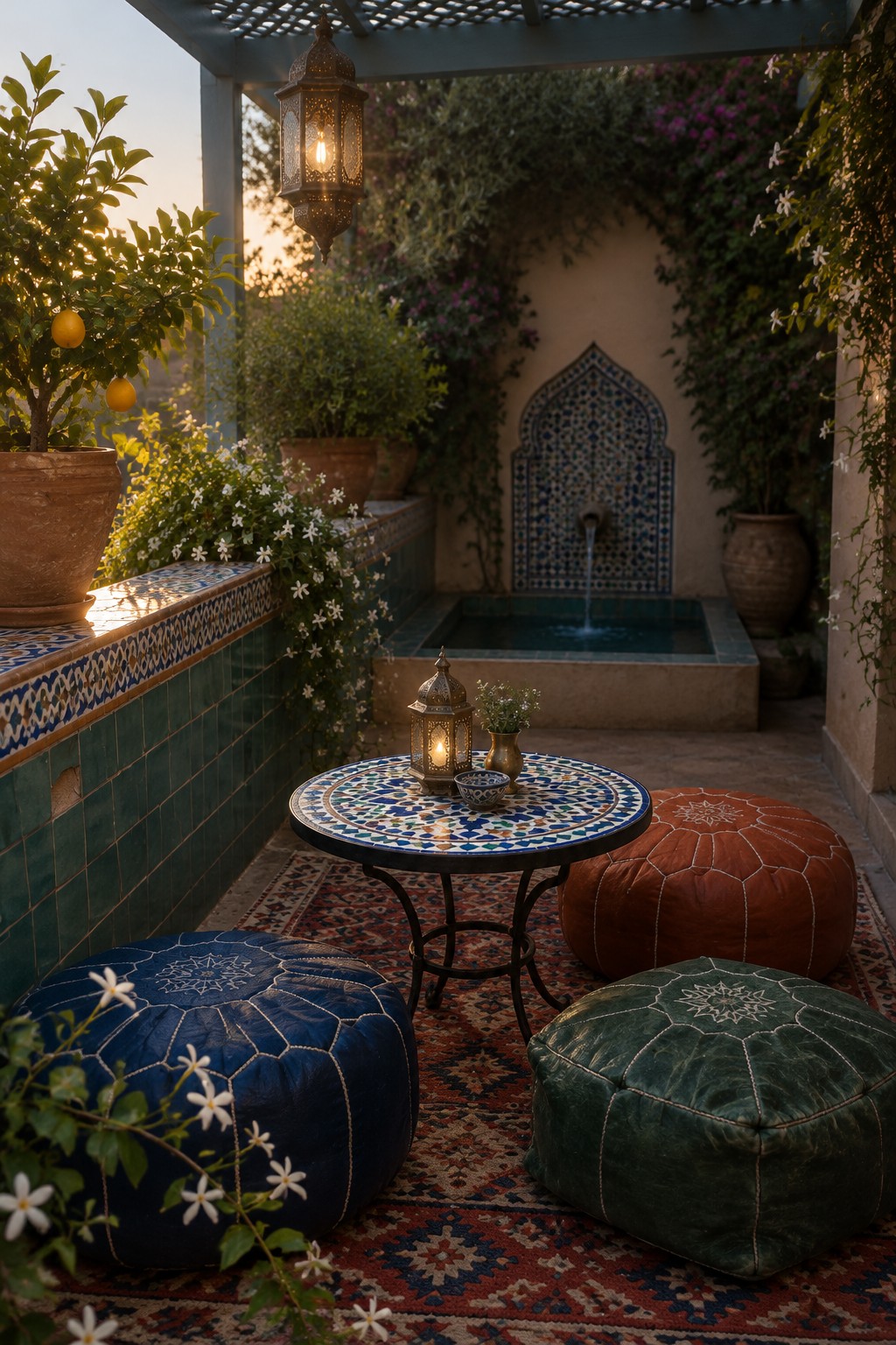 Moroccan patio with mosaic table, colorful leather poufs, fountain, and potted plants at dusk