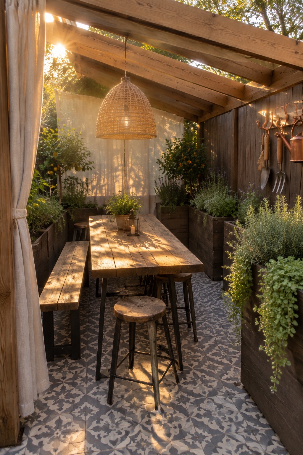 A wooden pergola covers a long dining table with benches and stools on a tiled patio, flanked by raised planters with greenery and garden tools on the wall.