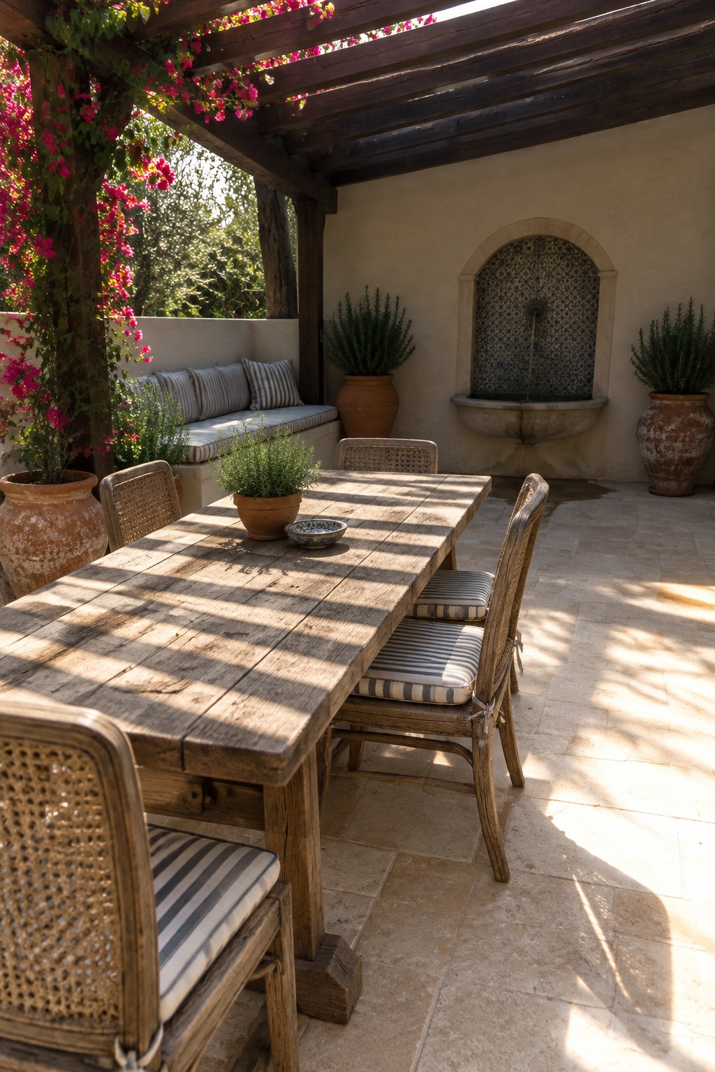 A wooden pergola covers a long dining table with chairs on a stone patio next to a wall fountain and potted plants.