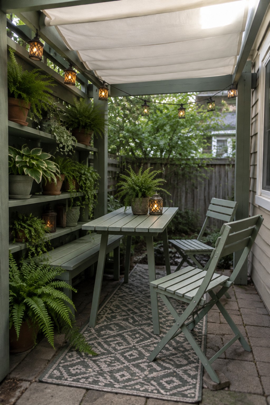 A compact patio under a green wooden pergola with white fabric awning, a table and chairs on a patterned rug, and potted plants on built-in shelves.