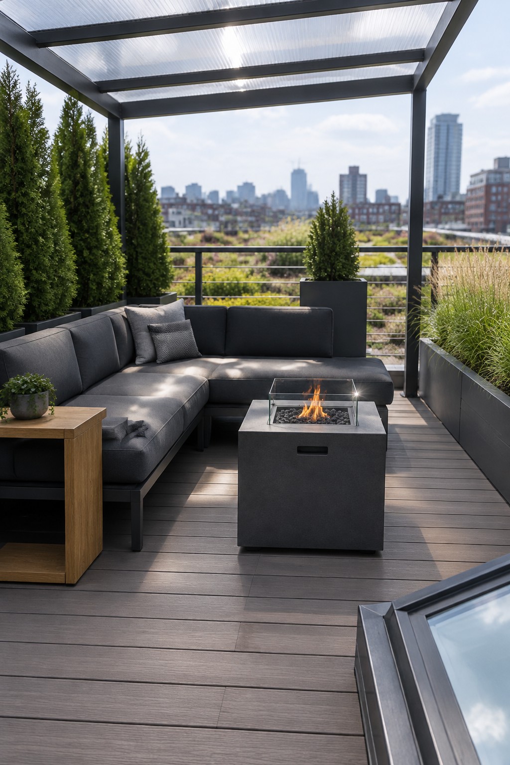 Modern rooftop deck with dark gray sectional sofa, fire pit, potted plants, and city skyline.