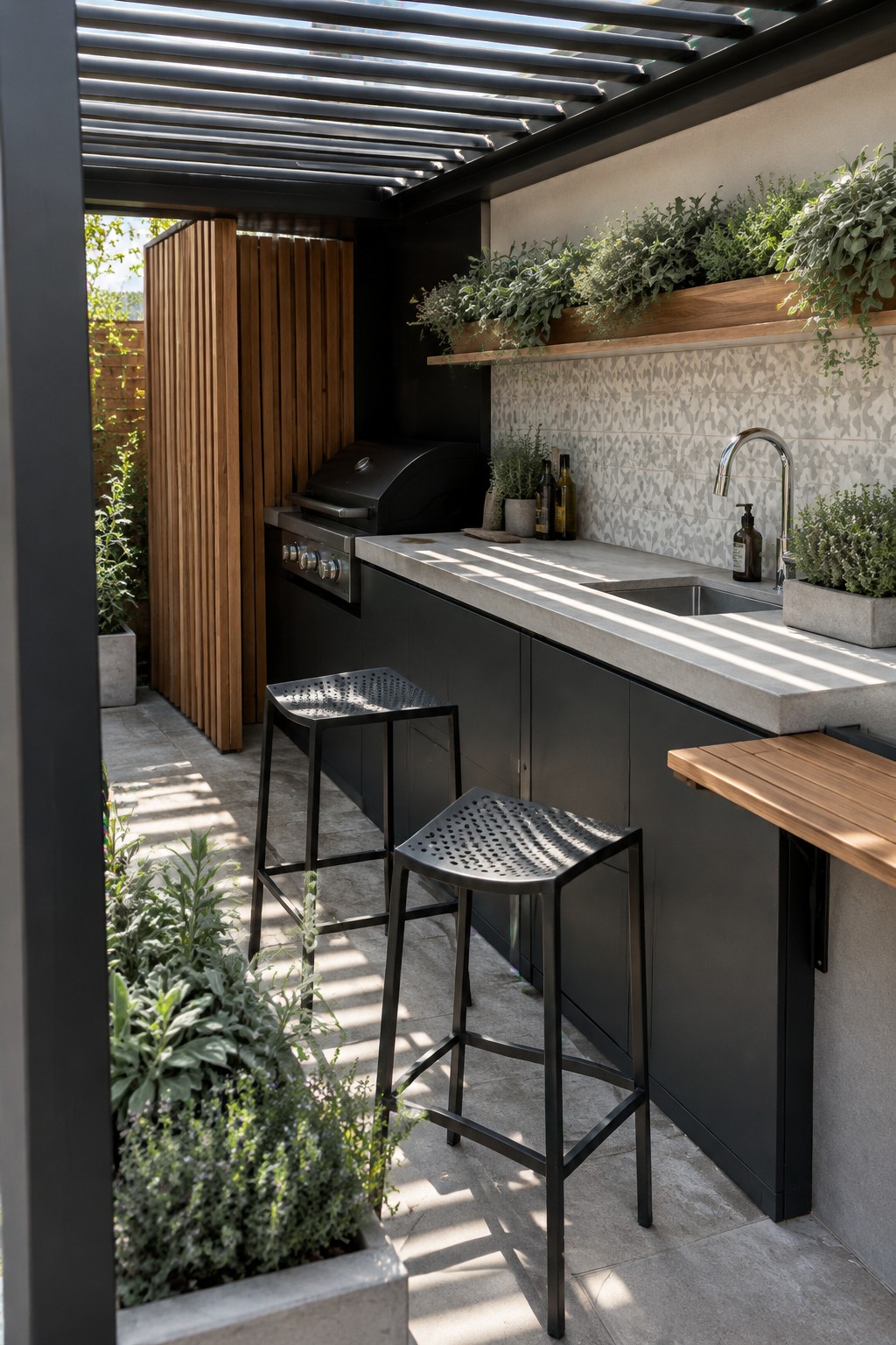 An outdoor kitchen under a black slatted pergola features dark cabinets, a concrete counter with sink and grill, two black metal stools, and wood accents on a tiled patio.