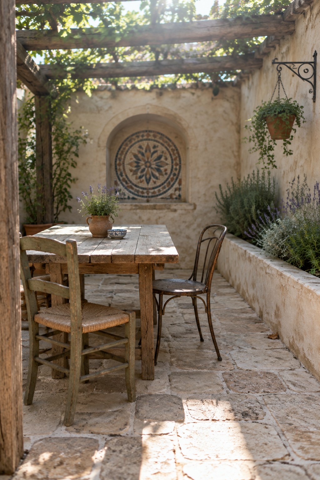 A wooden pergola shades a rustic dining table with two chairs on a stone patio beside a stucco wall with a round mosaic tile niche and hanging plants.