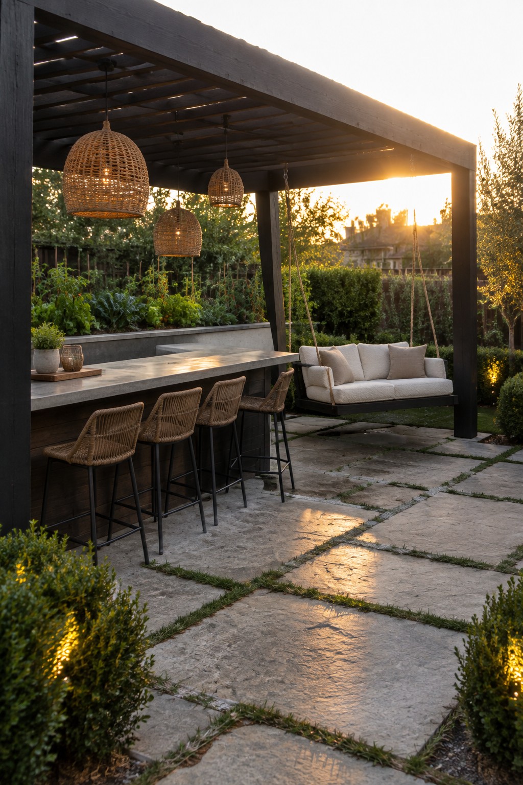 A wooden pergola covers a concrete bar with four woven stools on the left and a cushioned hanging swing on the right, set on a stone patio with garden beds nearby.