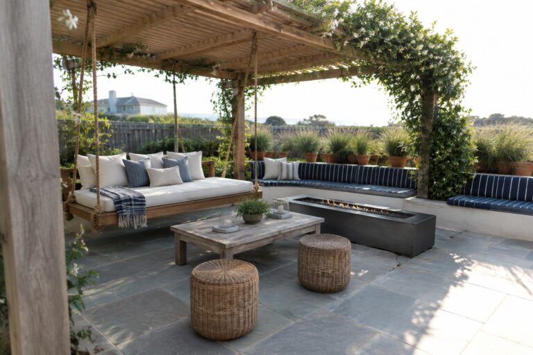 21 Clever Wooden Pergola Ideas Built Around Swings and Hanging Chairs Outdoor patio under wooden pergola with hanging swing, blue cushions, and stone fire pit.