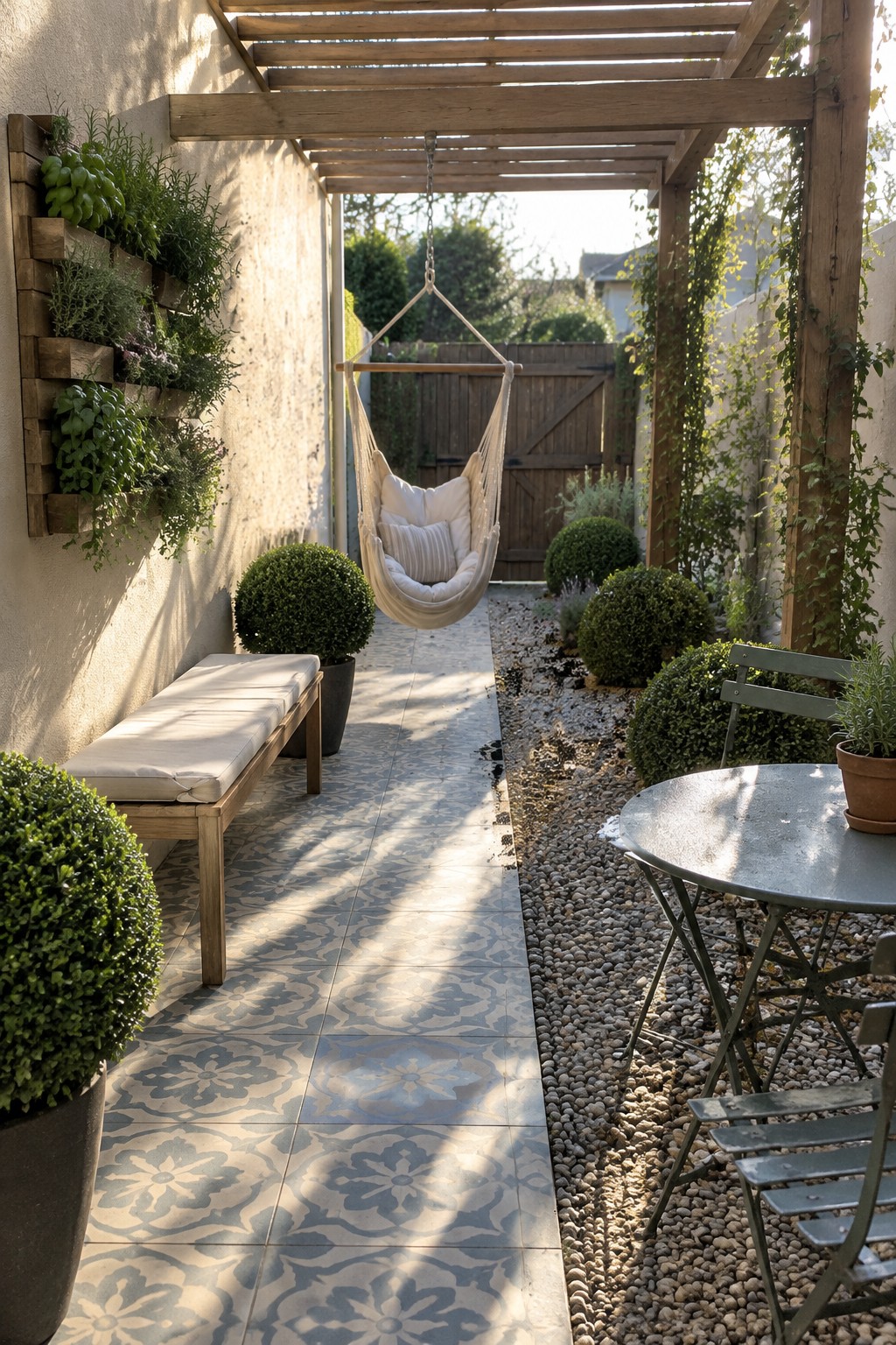 A narrow outdoor walkway with a wooden pergola, a hanging hammock-style chair suspended from the beams, and a tiled path lined with potted plants and a bench.