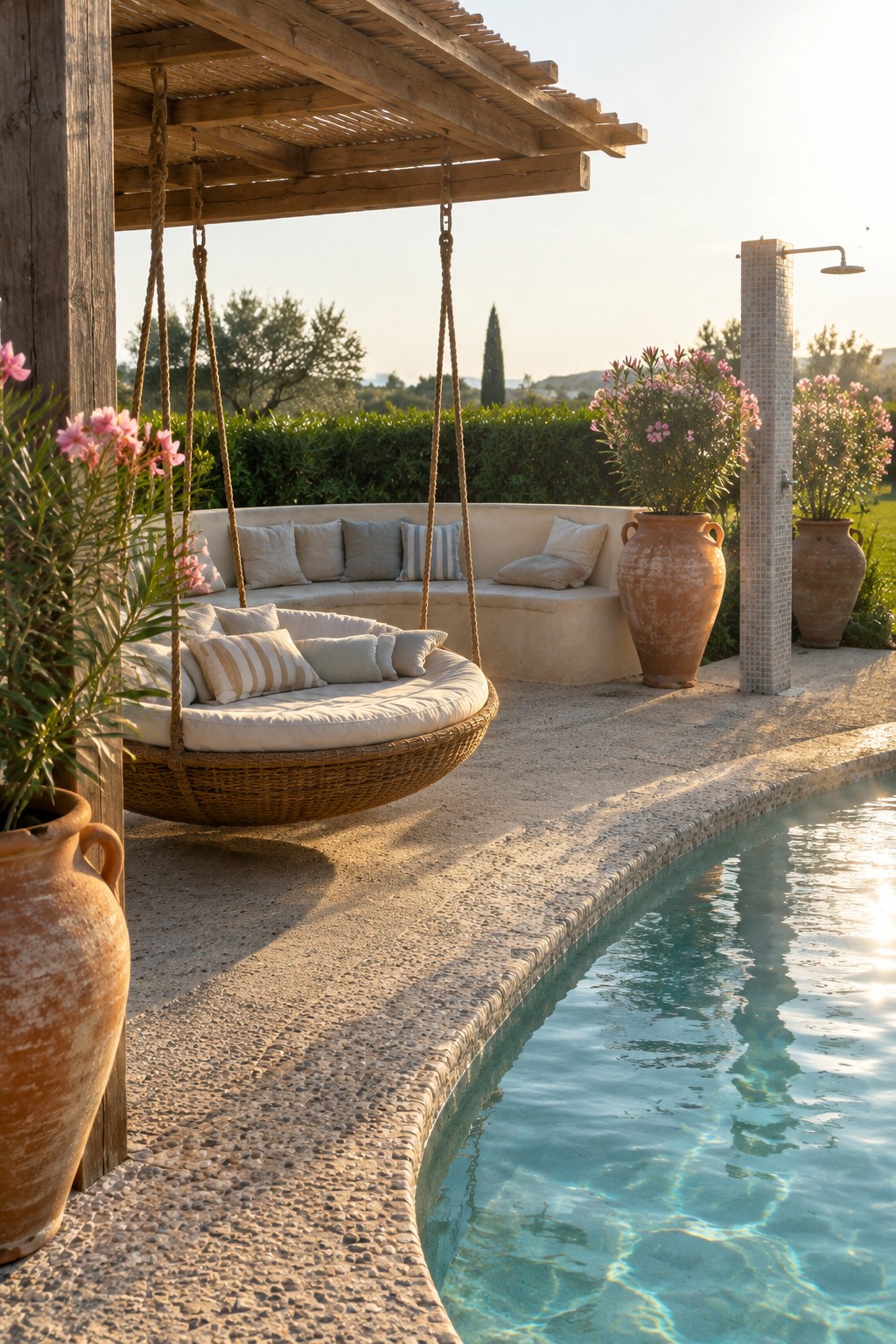 A round wicker hanging swing suspended by ropes from a wooden pergola next to a curved swimming pool, with large terracotta pots and flowering plants nearby.