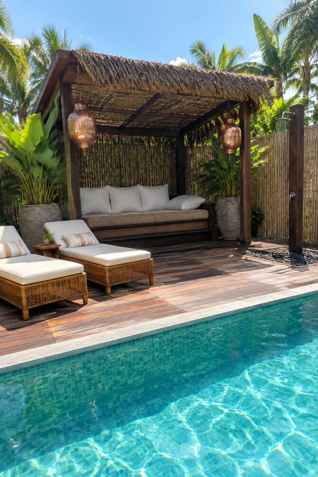 A wooden pergola with a thatched roof beside a swimming pool, showing a cushioned daybed underneath and two woven lounge chairs on the deck.