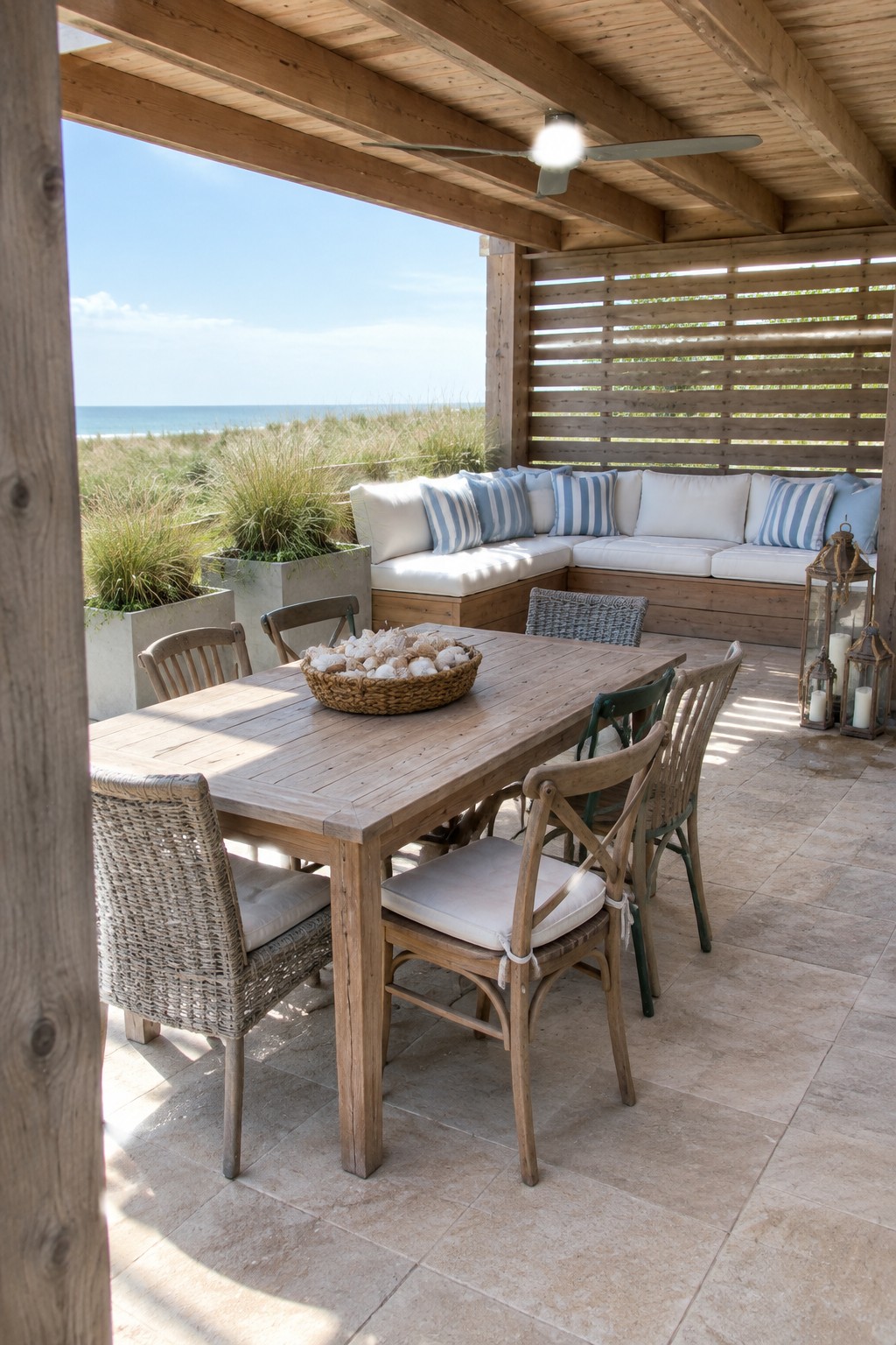 A wooden pergola with built-in cushioned bench seating along the back wall, a large dining table, and an ocean view beyond the dunes.