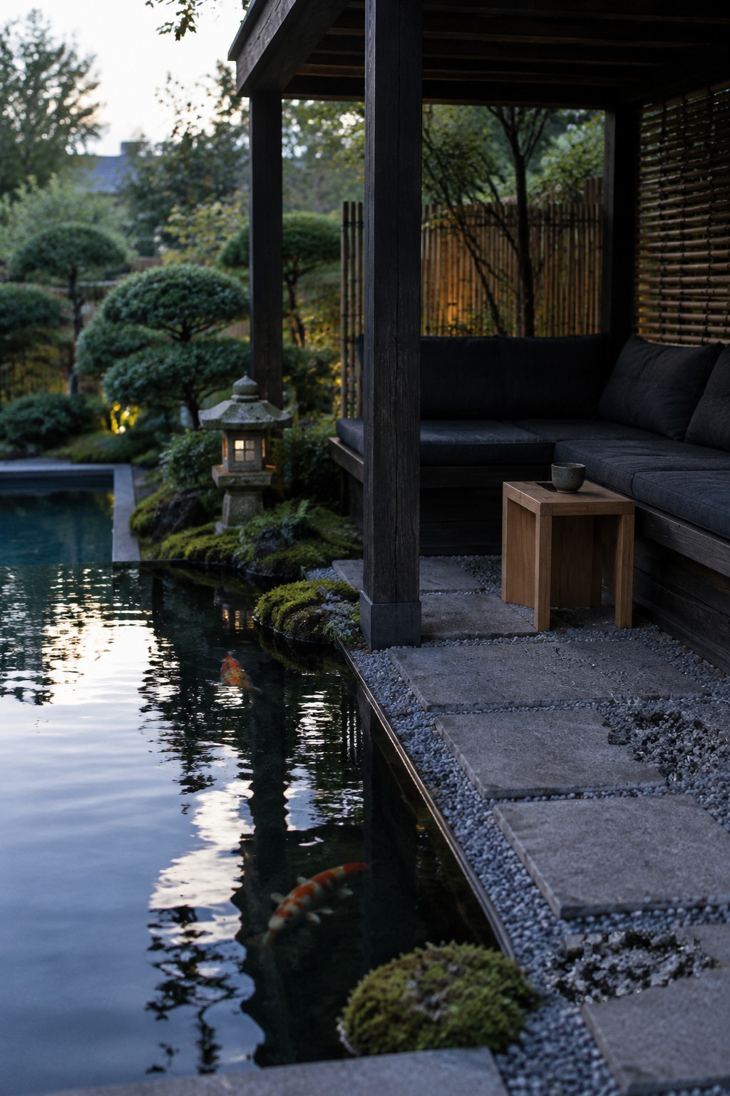 A dark wooden pergola with built-in cushioned seating sits beside a koi pond in a garden with stone paths and moss.