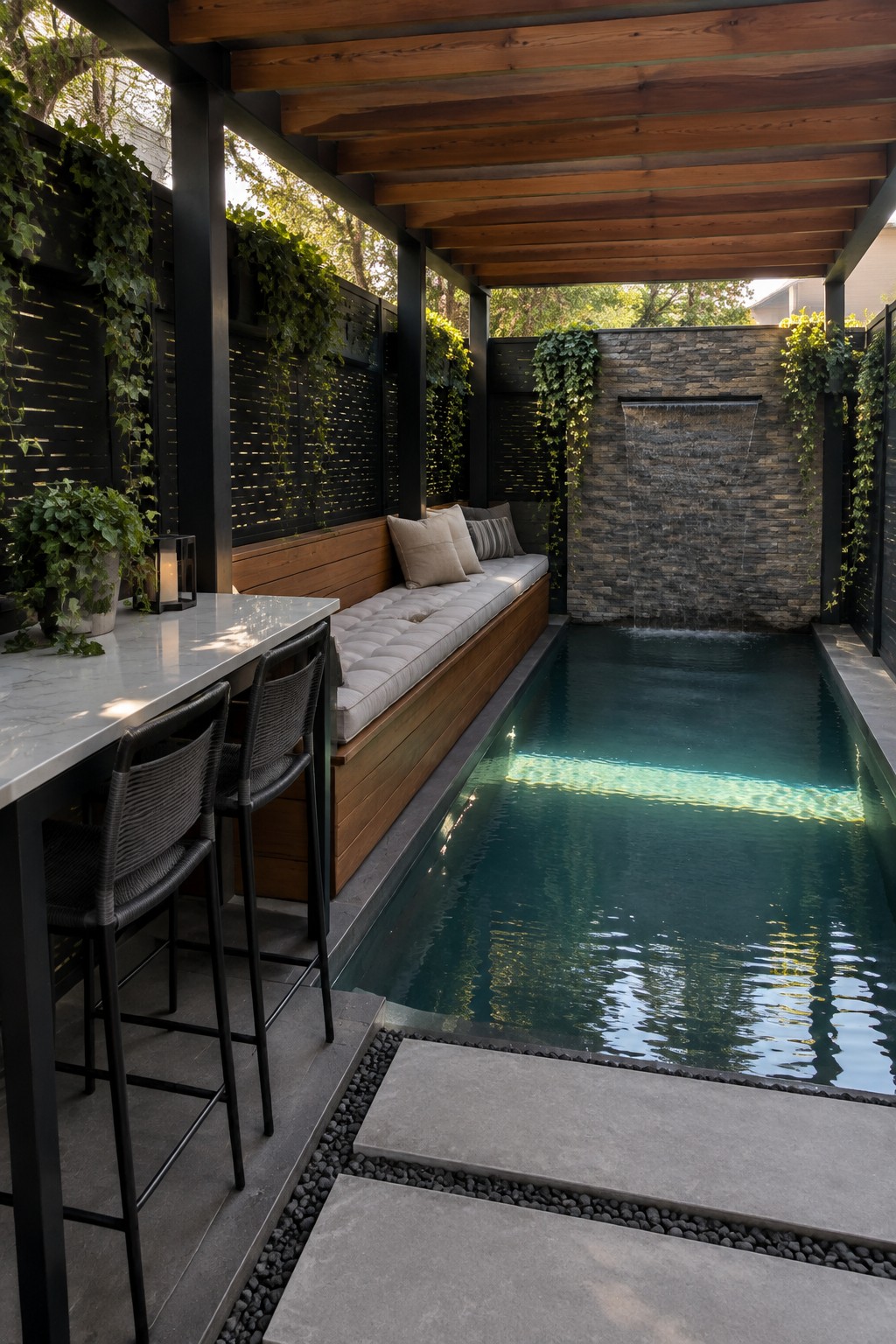 An outdoor pool area with a wooden pergola, built-in cushioned bench seating along one side, a bar counter with two stools, and a stone water wall at the far end.