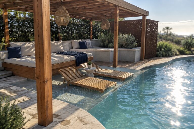 24 Gorgeous Poolside Wooden Pergola Ideas With Built-In Shade and Lounging Zones Luxurious poolside patio with wooden pergola, lounge chairs, and built-in seating