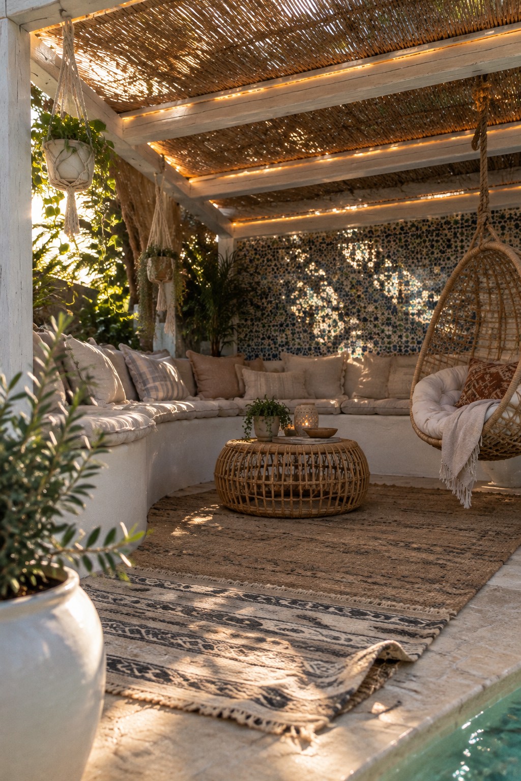 A wooden pergola with a thatched roof shades a poolside patio that includes curved built-in seating, a hanging wicker chair, a woven coffee table, and layered rugs on stone pavers.