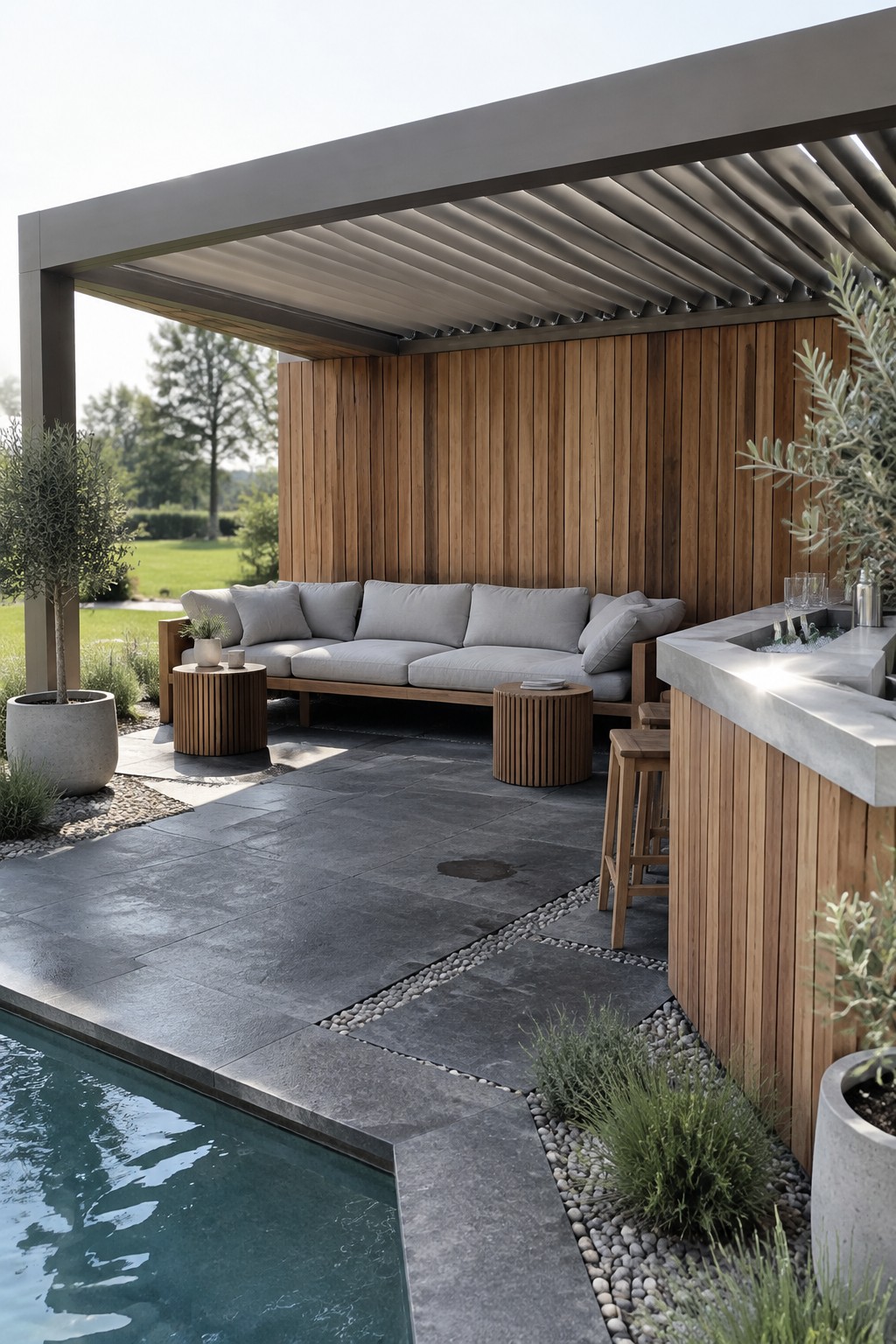 An outdoor poolside lounge under a gray louvered pergola with a wooden sofa, round side tables, bar stools, and a concrete bar counter next to a swimming pool.