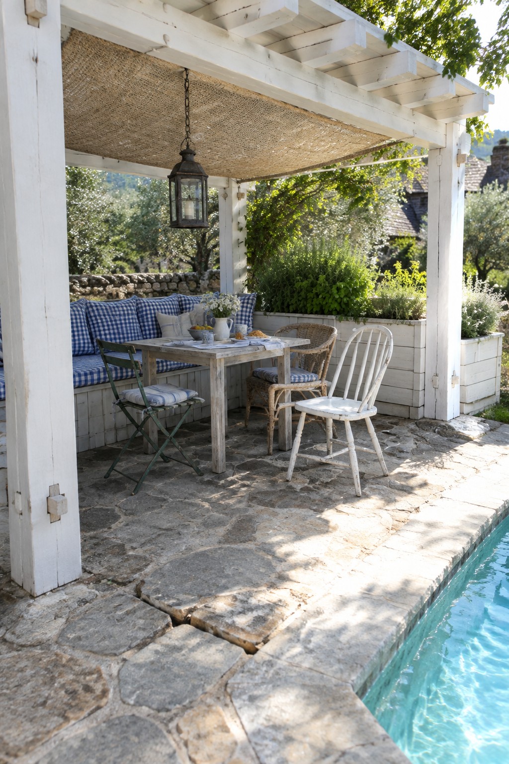 A white wooden pergola with a mesh shade covers a stone patio next to a swimming pool, showing a built-in bench with blue checkered cushions and a dining table with mixed chairs.