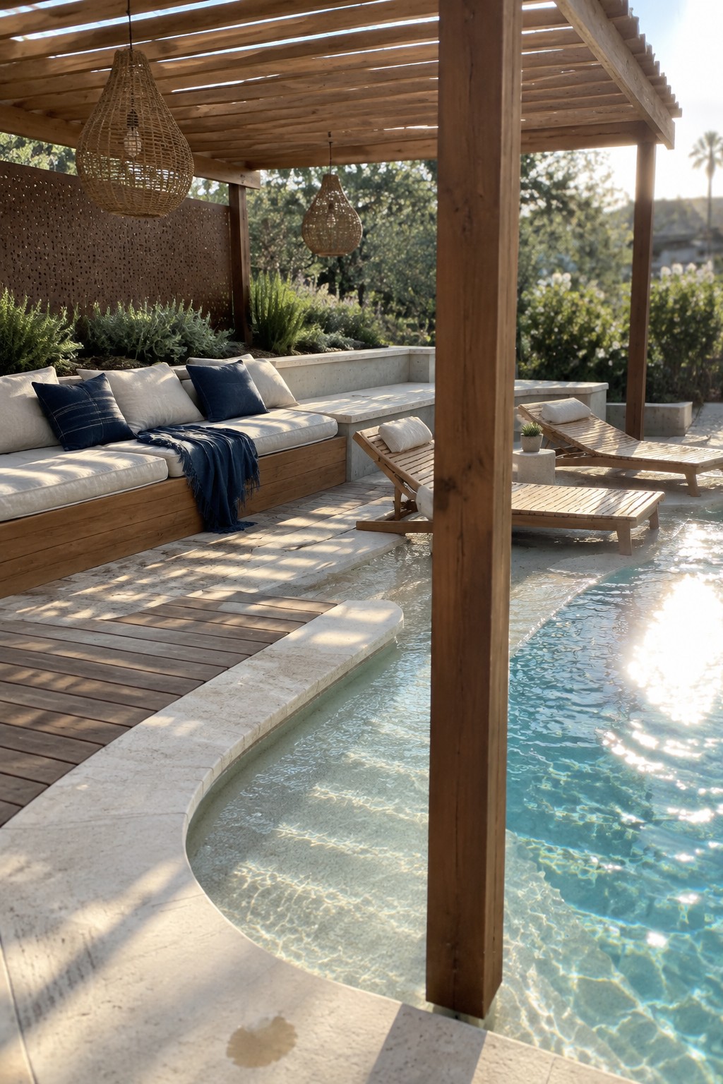 Luxurious poolside patio with wooden pergola, lounge chairs, and built-in seating