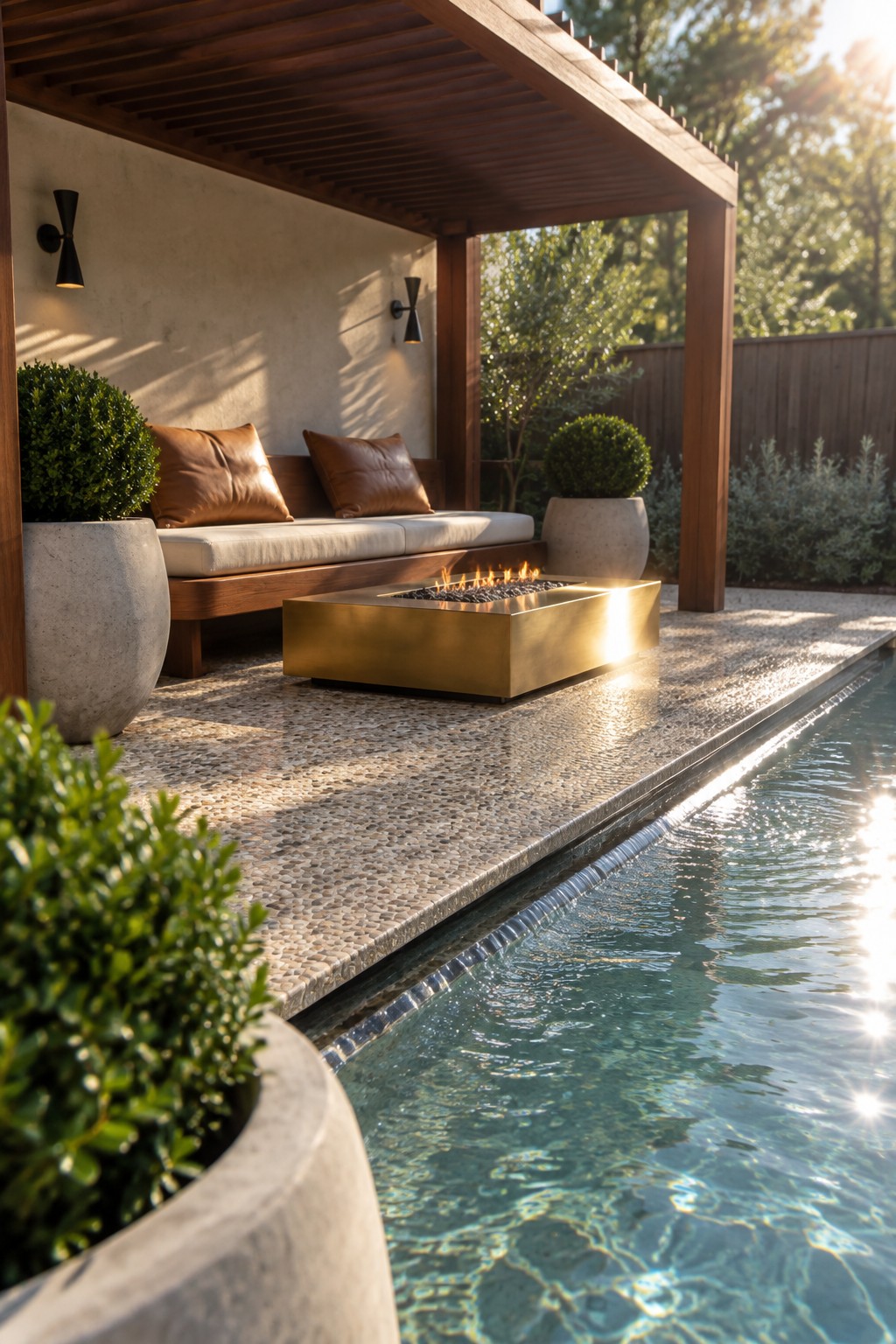 Wooden pergola with built-in bench seating beside a pool, brass fire pit on pebble surface, and large concrete planters with shrubs.