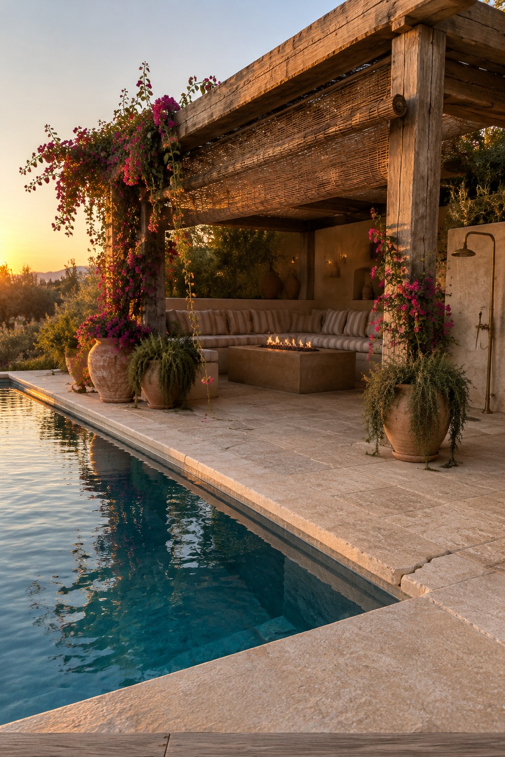 Stone patio with fire pit, bougainvillea pergola, and pool at sunset