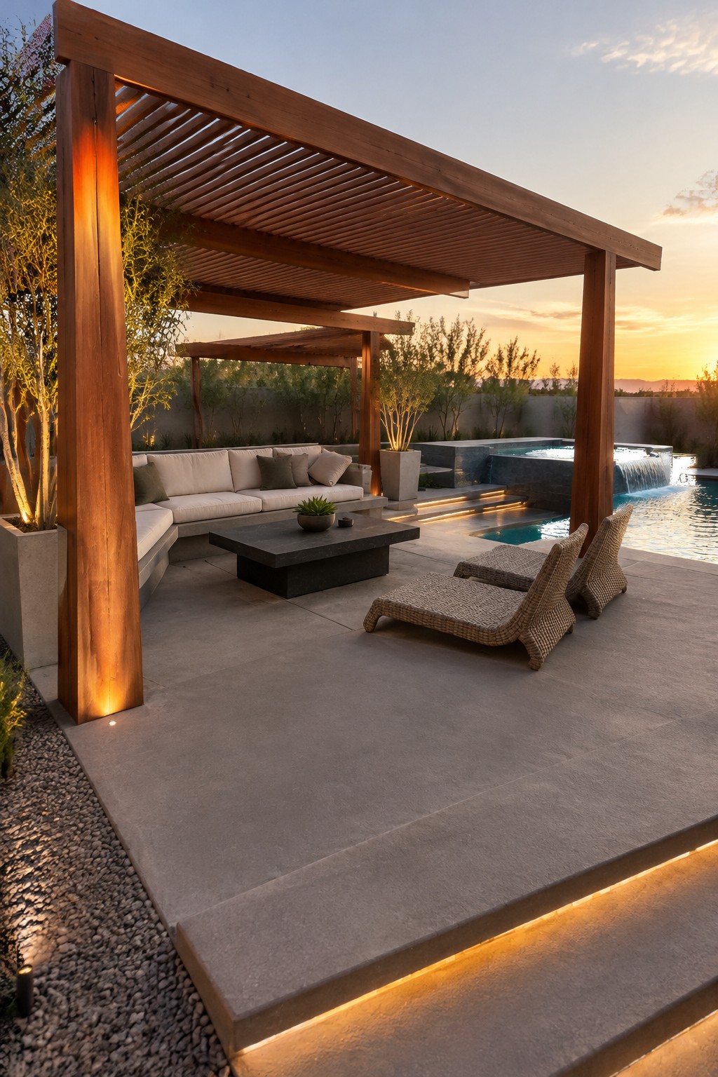 A wooden pergola with a slatted roof covering a sofa, coffee table, and two lounge chairs on a concrete patio next to a swimming pool with a waterfall edge.