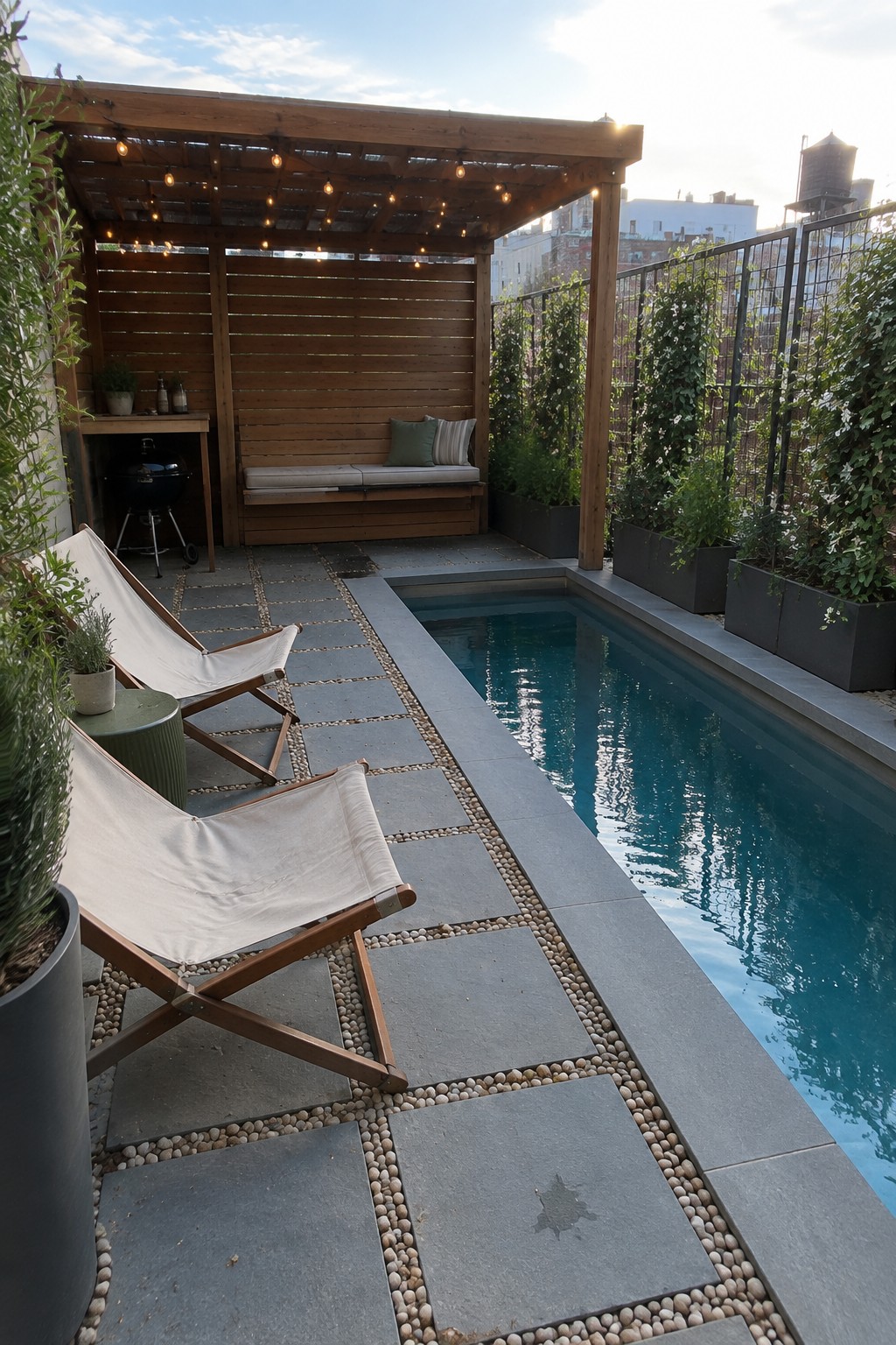 A rectangular backyard pool with a wooden pergola on the left side that includes a built-in cushioned bench, string lights, and two lounge chairs on a stone patio.