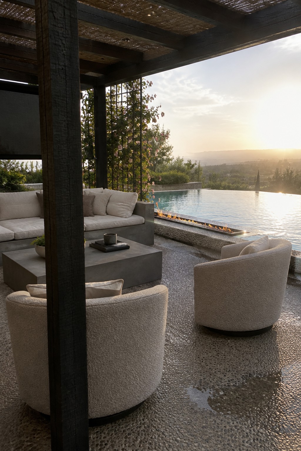 Outdoor seating area under a dark wooden pergola with beige upholstered swivel chairs and a sofa, positioned beside a pool with a built-in linear fire feature.