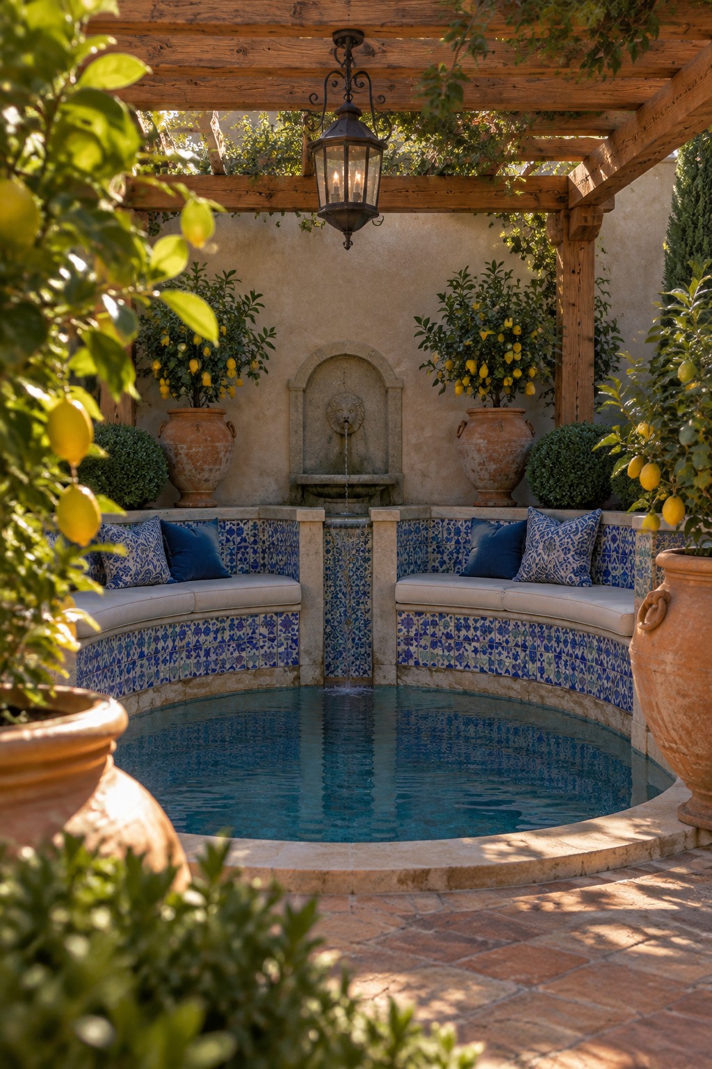 Circular pool with blue-tiled benches, lemon trees in pots, and stone fountain