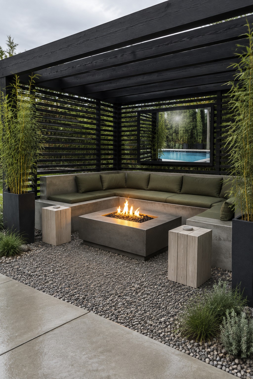 An outdoor patio under a dark wooden slatted pergola with L-shaped concrete seating and green cushions around a square fire pit, potted bamboo plants on both sides, and a pool visible through the structure.