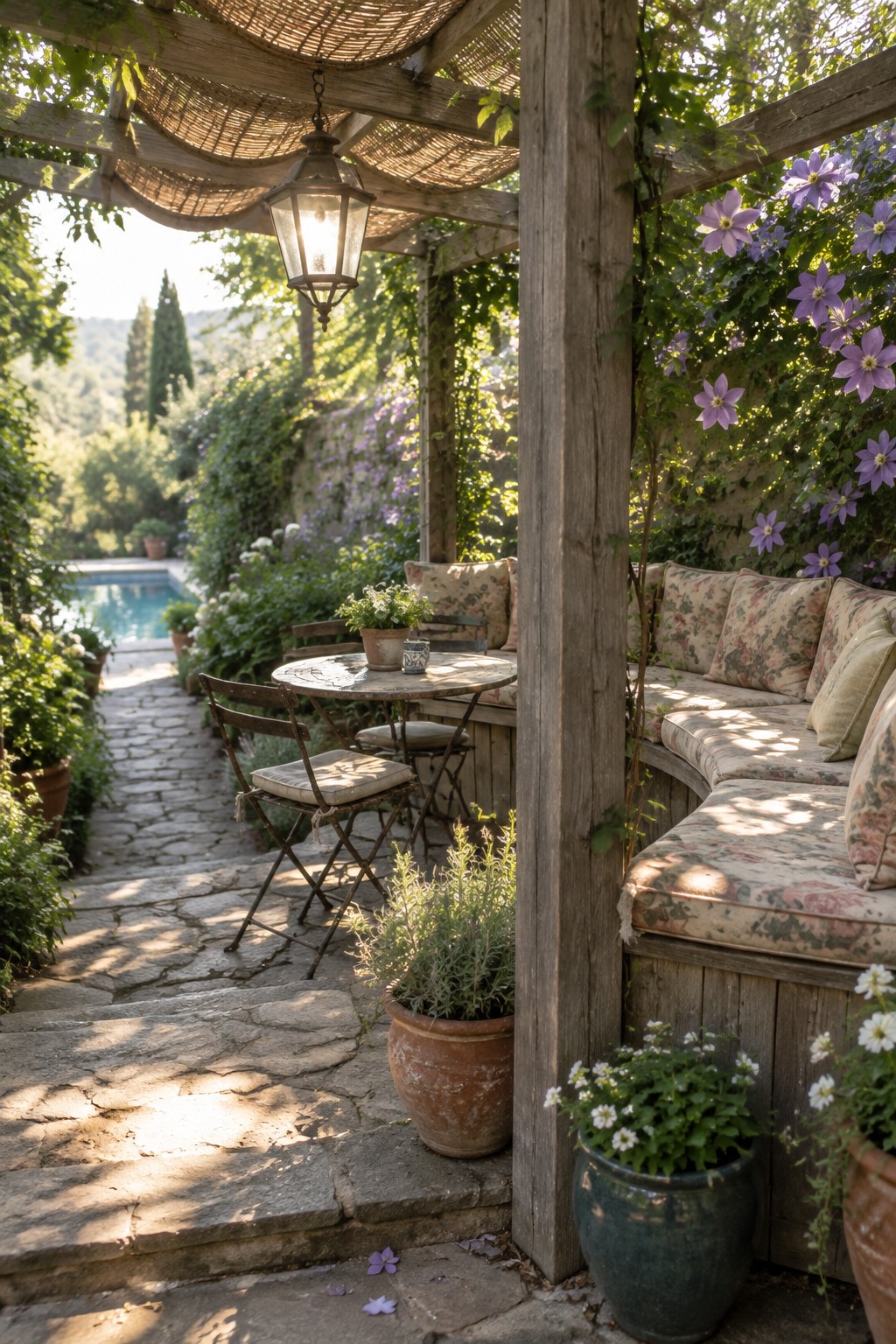 A rustic wooden pergola with built-in floral cushioned bench seating, a round table and chairs on a stone path, potted plants, and a swimming pool visible in the background.