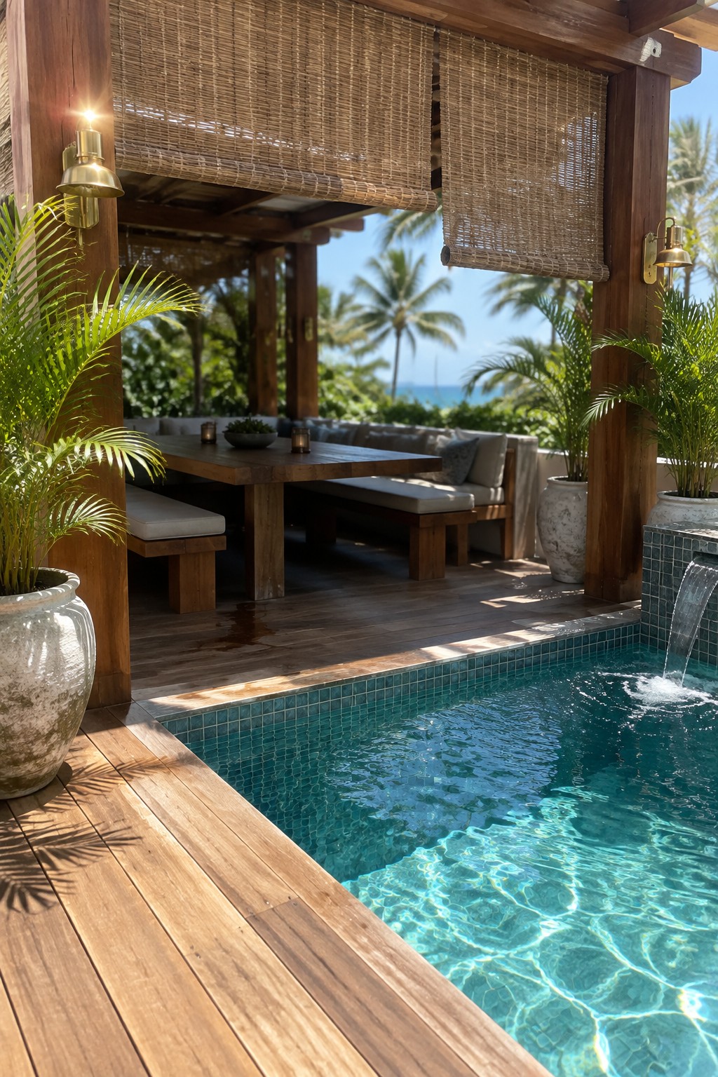 A wooden pergola with rolled down woven shades sits beside a swimming pool on a sunny deck with potted plants and cushioned benches.