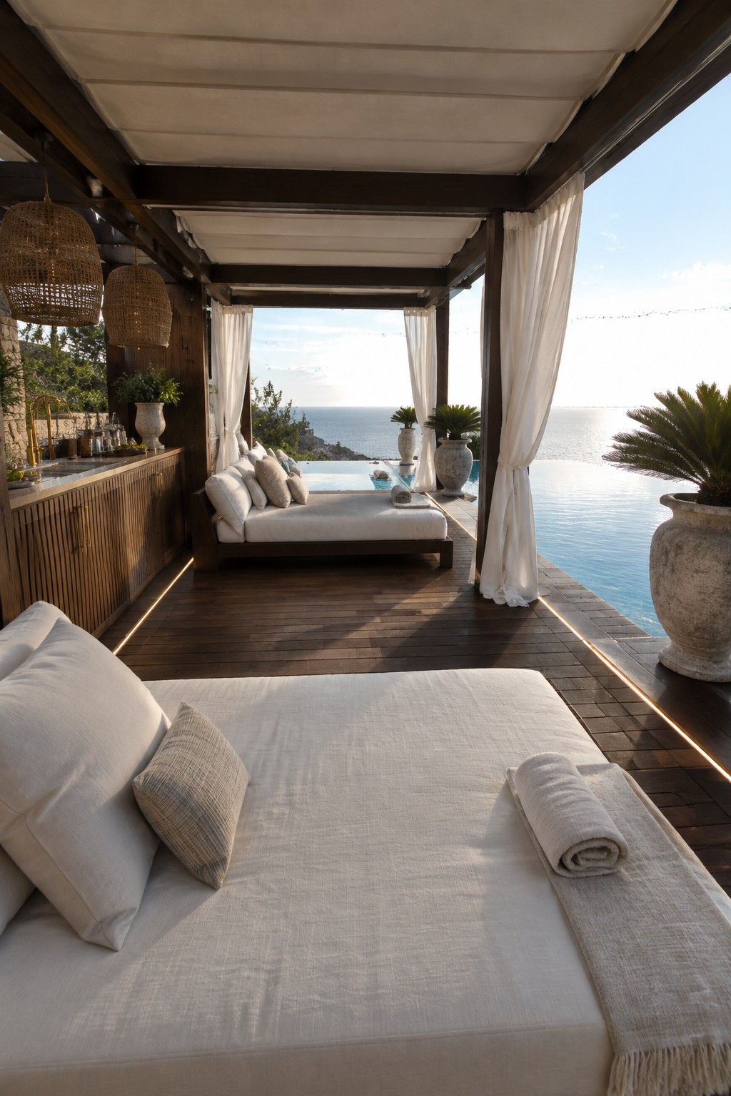 A wooden pergola with white fabric canopy and curtains covers white daybeds on a dark wood deck beside an infinity pool overlooking the sea.