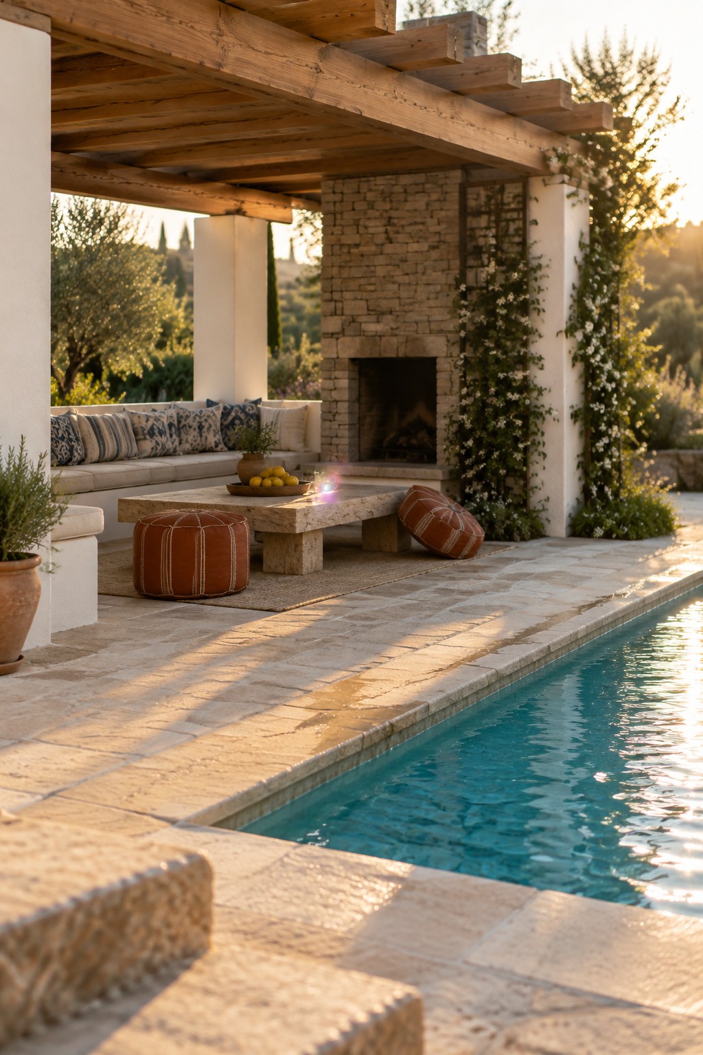 Outdoor poolside patio with a wooden pergola, built-in bench seating, stone fireplace, terracotta poufs, and a swimming pool at sunset.