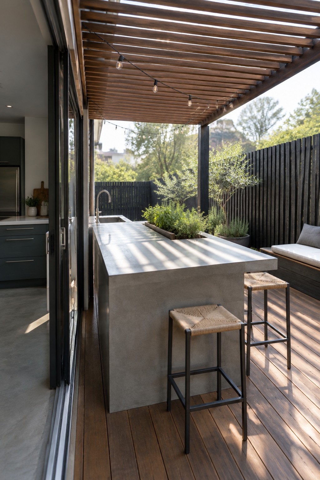 An outdoor kitchen with a concrete island, woven bar stools, and sink sits under a wooden pergola attached to a house with sliding glass doors.