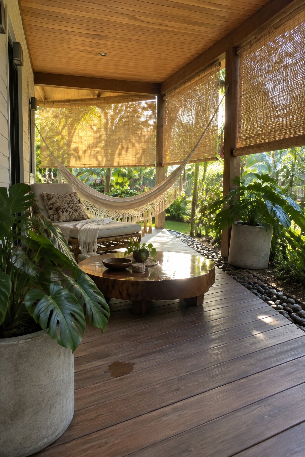 A wooden pergola attached to a house features bamboo roll-up blinds, a hanging hammock, potted plants, and a round wooden table on a deck with garden views.