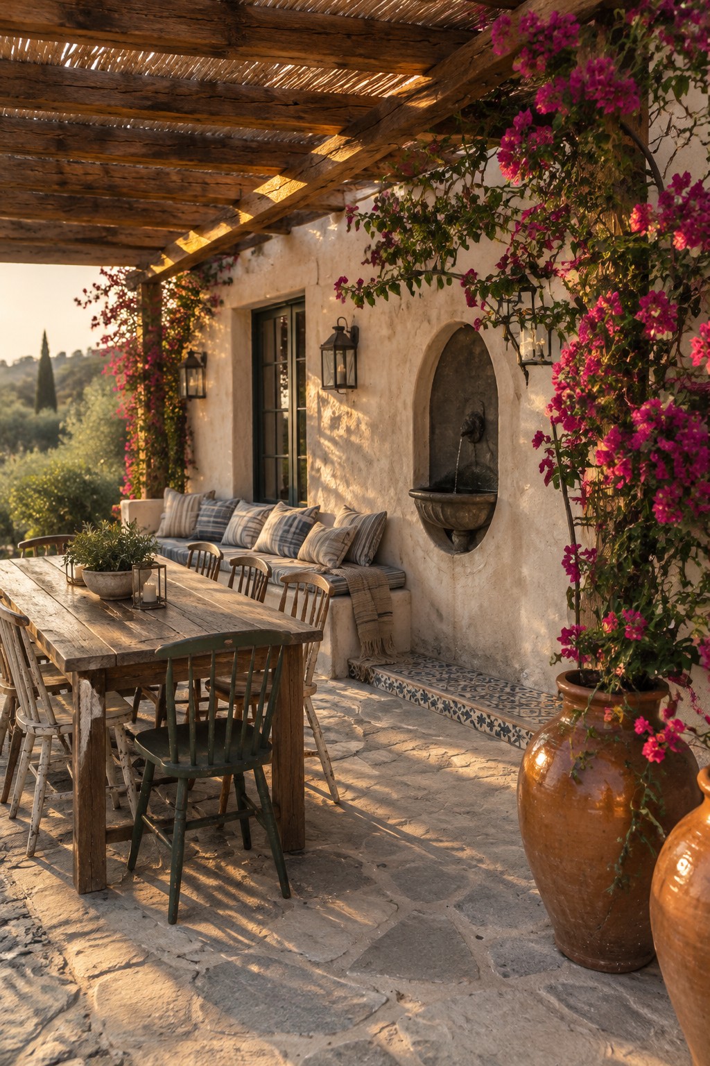 A rustic wooden pergola attached to a stucco house shades a long wooden dining table with chairs on a stone patio, next to a cushioned bench and a wall fountain.