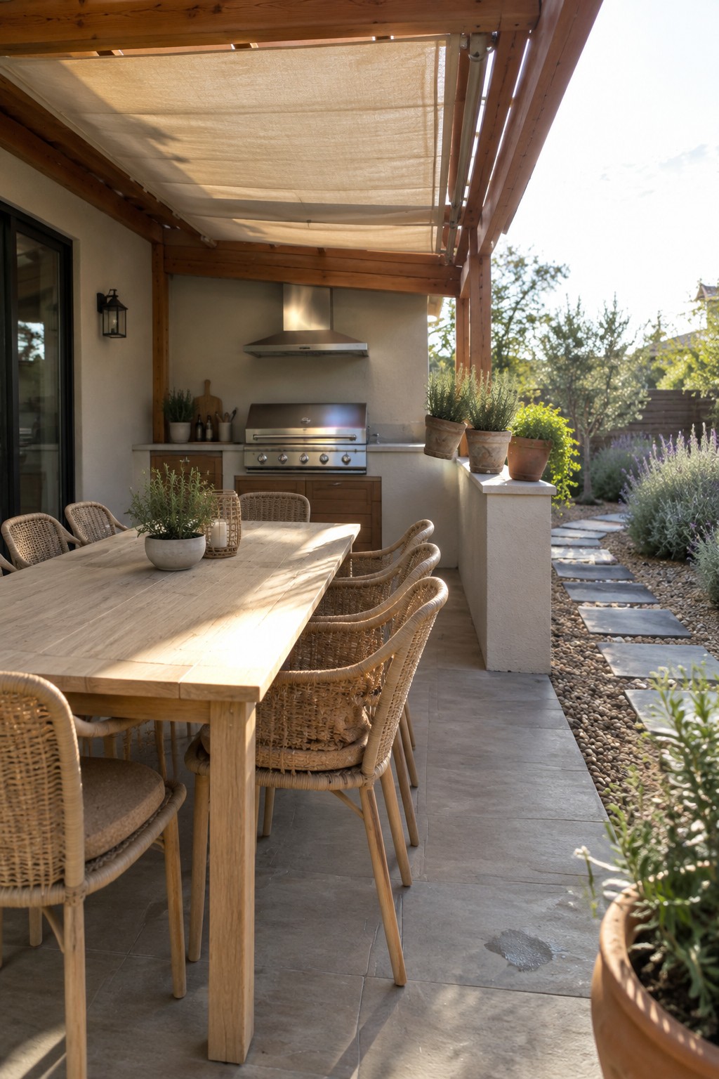 Outdoor wooden table with woven chairs beside pergola-covered grill kitchen and garden path