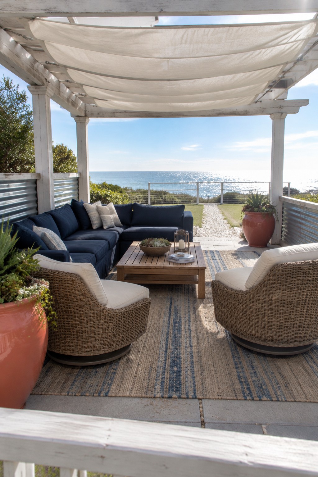 An outdoor patio under a white wooden pergola with white fabric draped overhead, a navy sectional sofa, two wicker swivel chairs, a wooden coffee table on a striped rug, and an ocean view beyond.